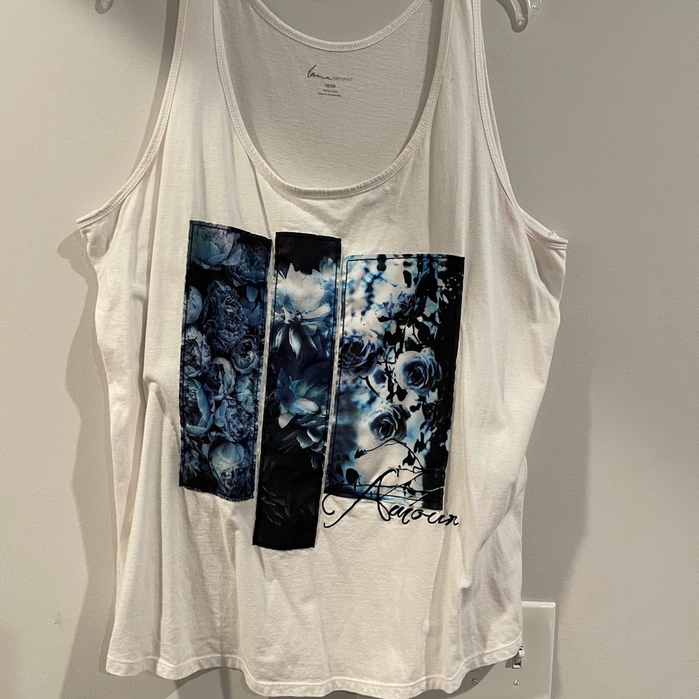 Lane Bryant White Tank Top with Blue Floral Graphic